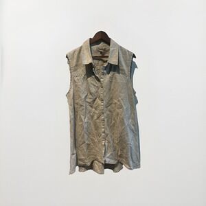 FLAX‎ Linen Sleeveless Button Front Blouse size L Oat Beige Relaxed Fit Top